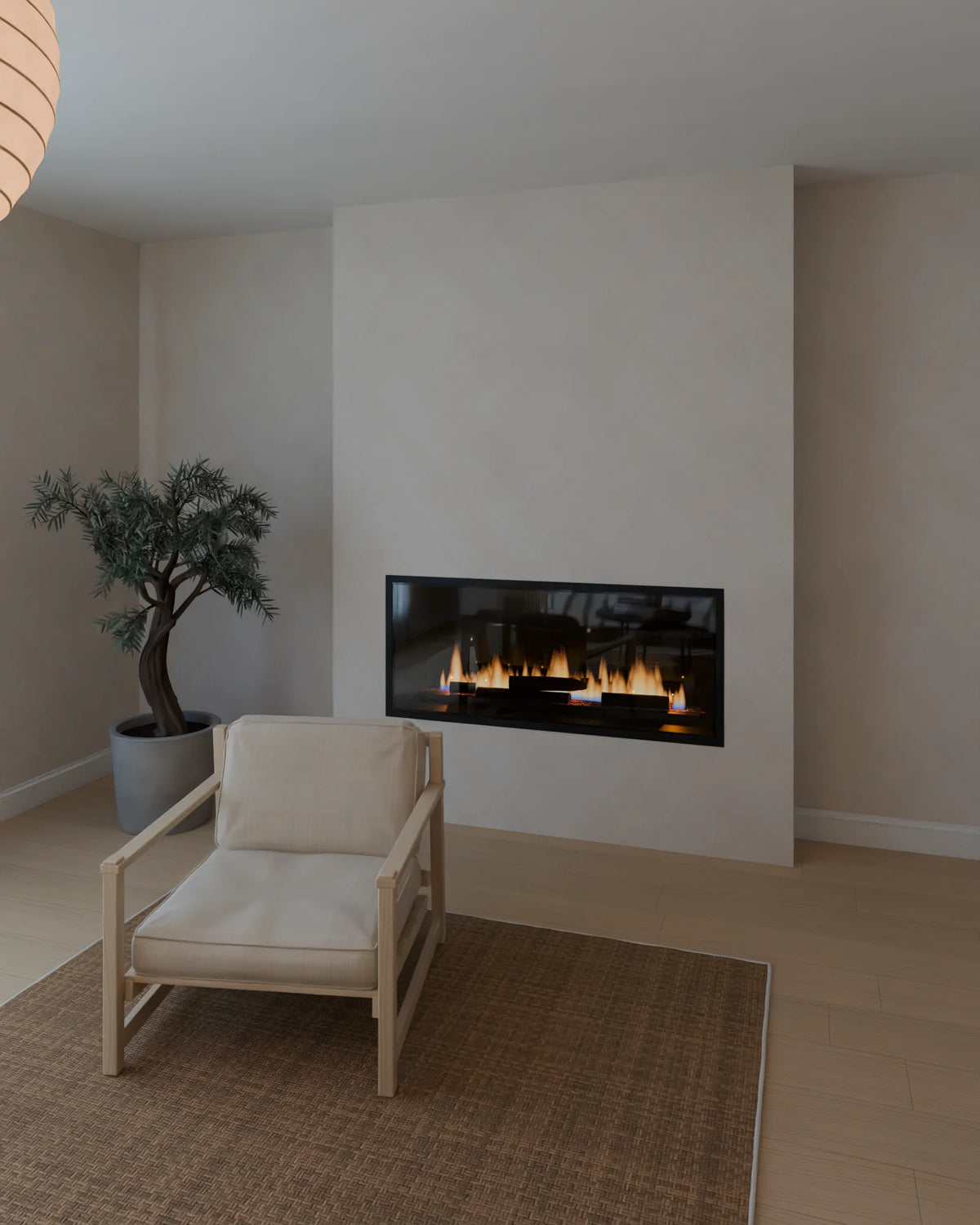Japandi Living Room scene from Linden House, portrait view (render of the delivered scene)