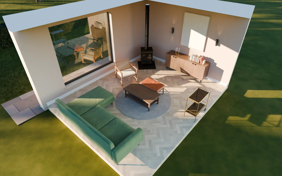 Mid-Century Lounge scene from Linden House, eye-level view (render of the delivered scene)