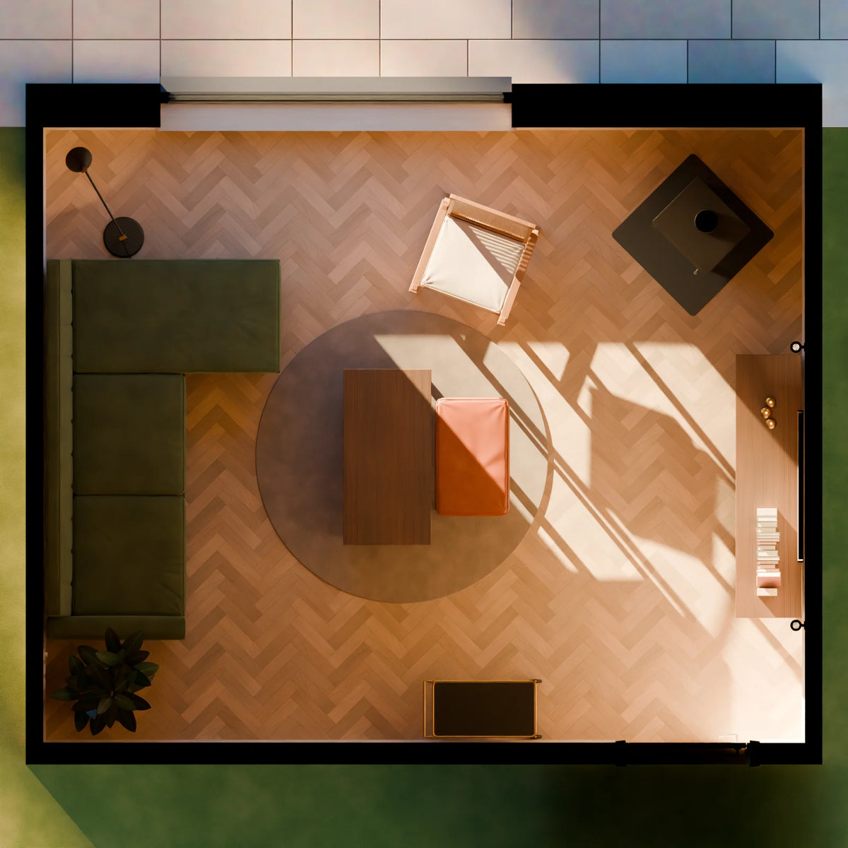 Mid-Century Lounge scene from Linden House, floor plan view (render of the delivered scene)