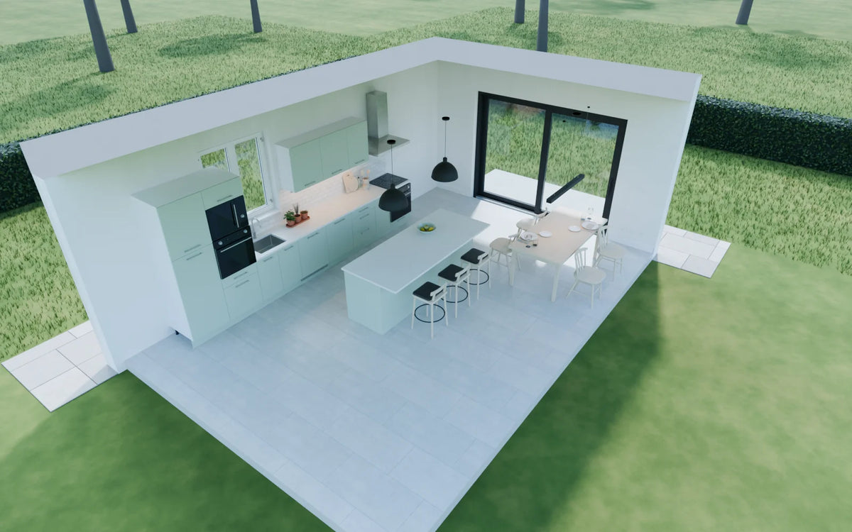Open Kitchen and Dining scene from Linden House, eye-level view (render of the delivered scene)