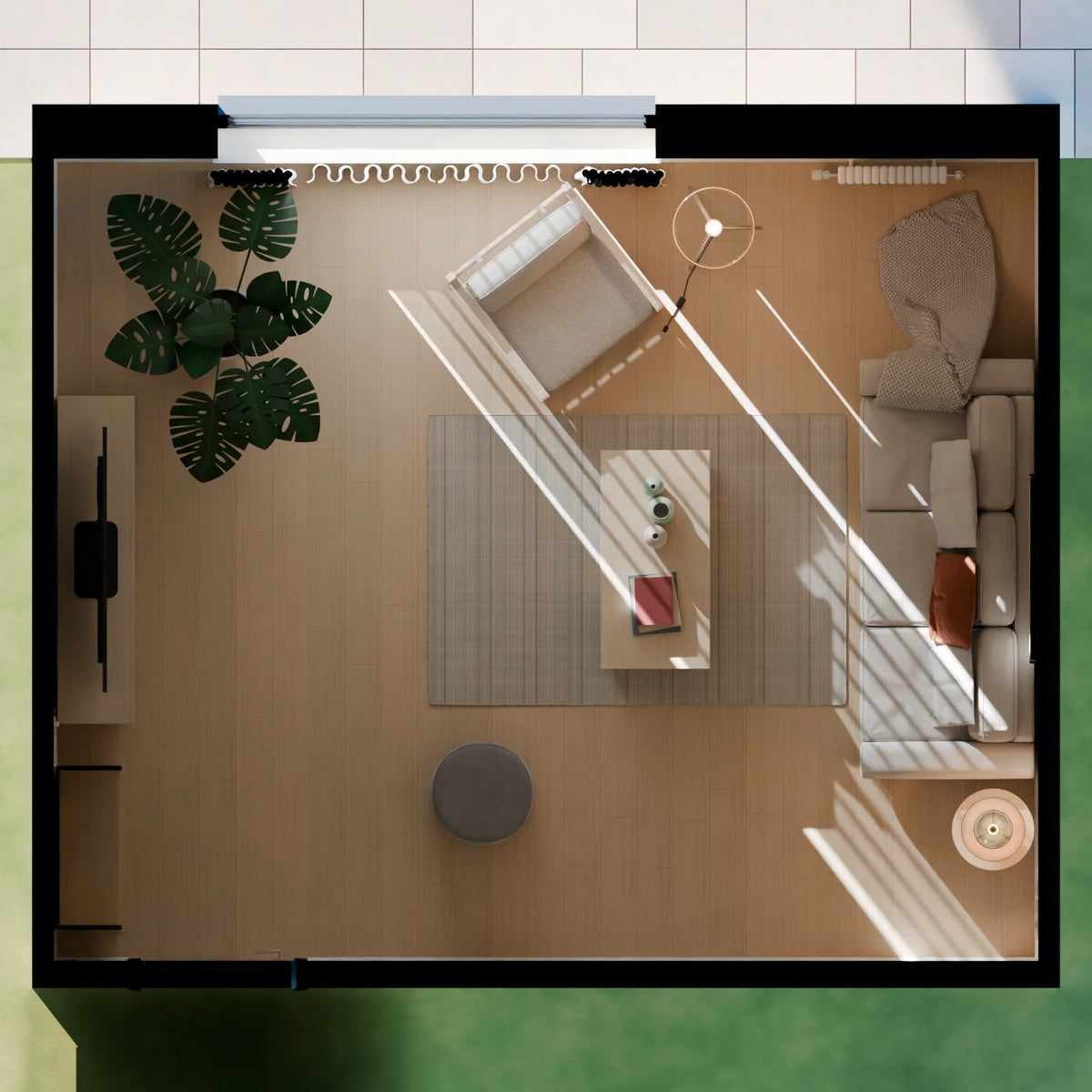 Scandinavian Living Room scene from Linden House, floor plan view (render of the delivered scene)