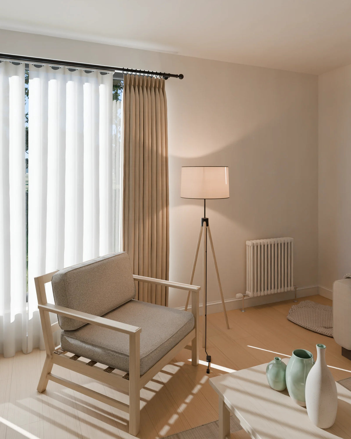 Scandinavian Living Room scene from Linden House, portrait view (render of the delivered scene)