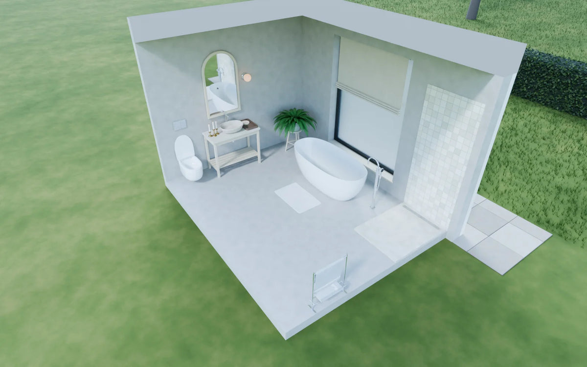 Spa Ensuite scene from Linden House, eye-level view (render of the delivered scene)