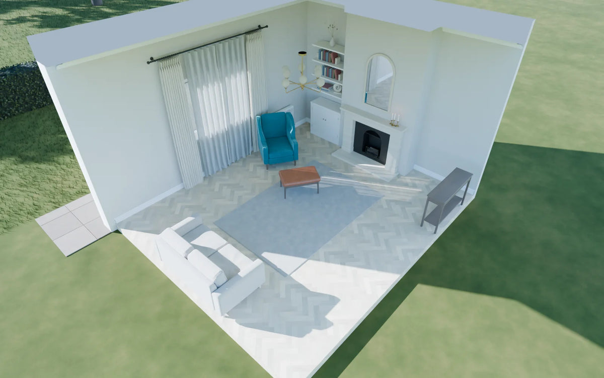 Townhouse Salon scene from Linden House, eye-level view (render of the delivered scene)