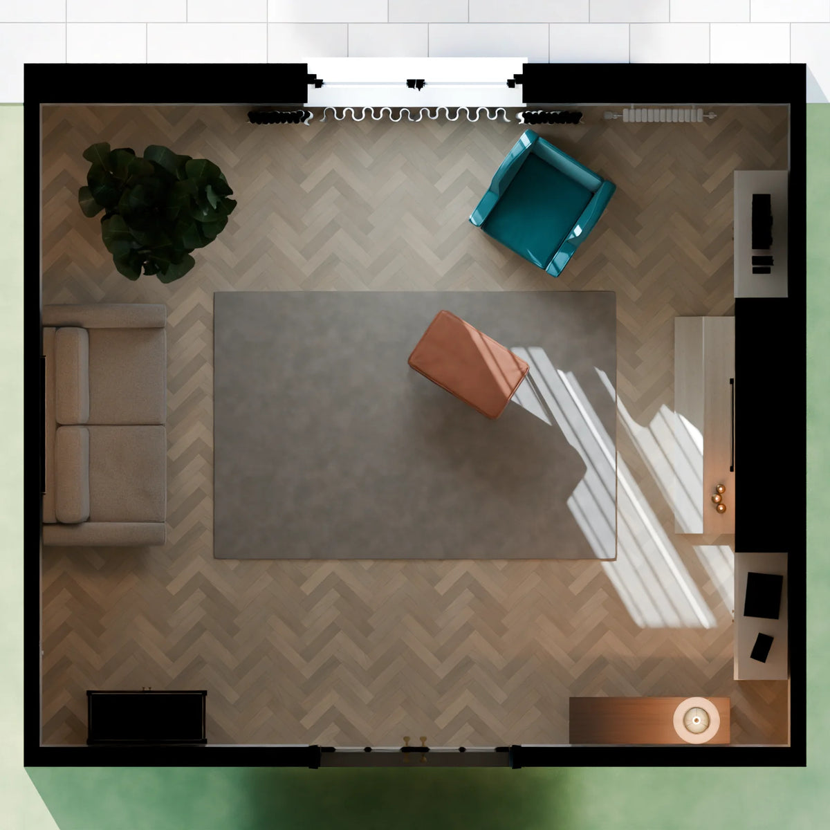 Townhouse Salon scene from Linden House, floor plan view (render of the delivered scene)