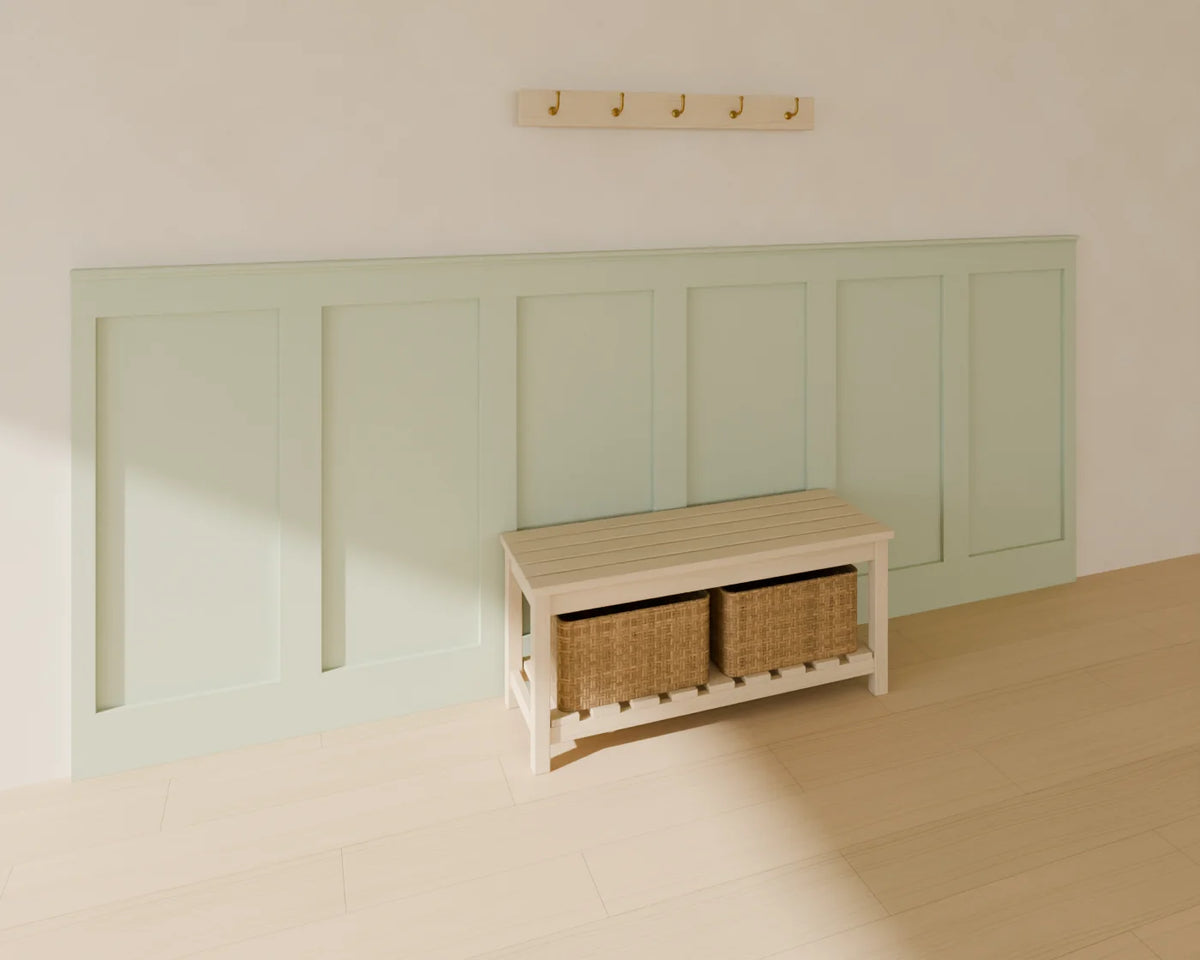 Shaker Wall Panelling styled in a Linden House room with the hallway storage bench and wall coat hooks (sold separately)