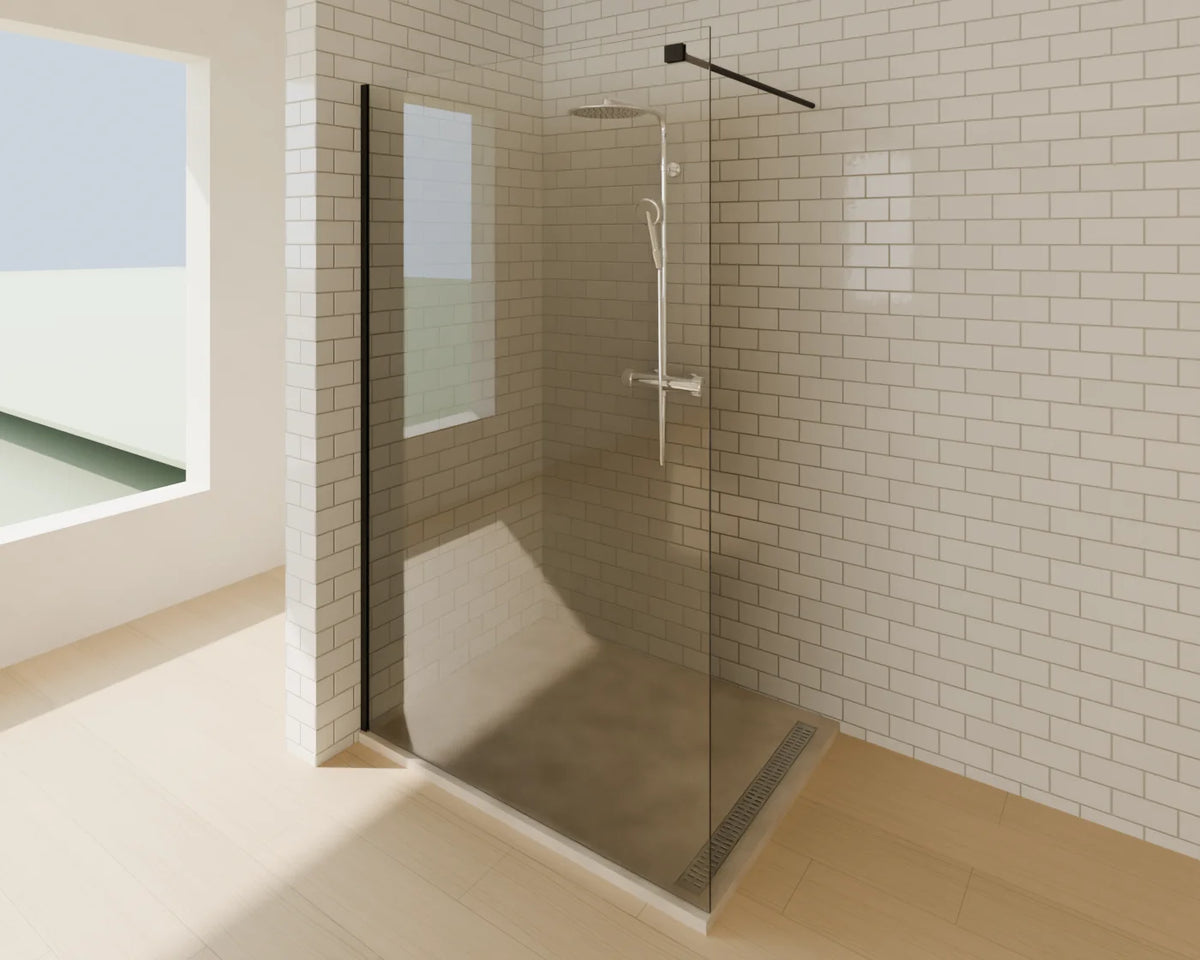 Low-Profile Shower Tray styled in a Linden House room with the walk-in shower screen and thermostatic shower set (sold separately)