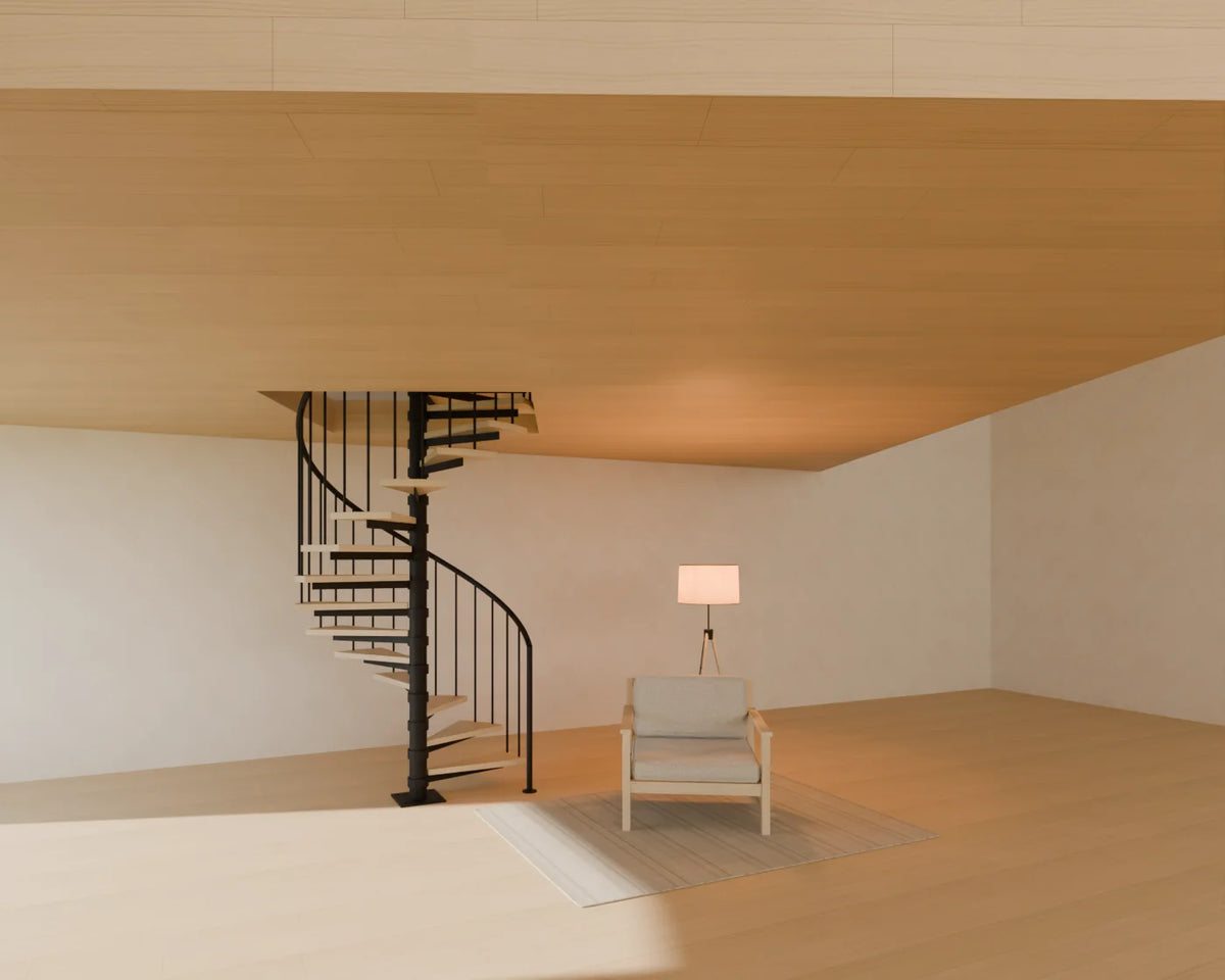 Spiral Staircase styled in a Linden House room with the lounge armchair, flatweave wool rug and tripod floor lamp (sold separately)