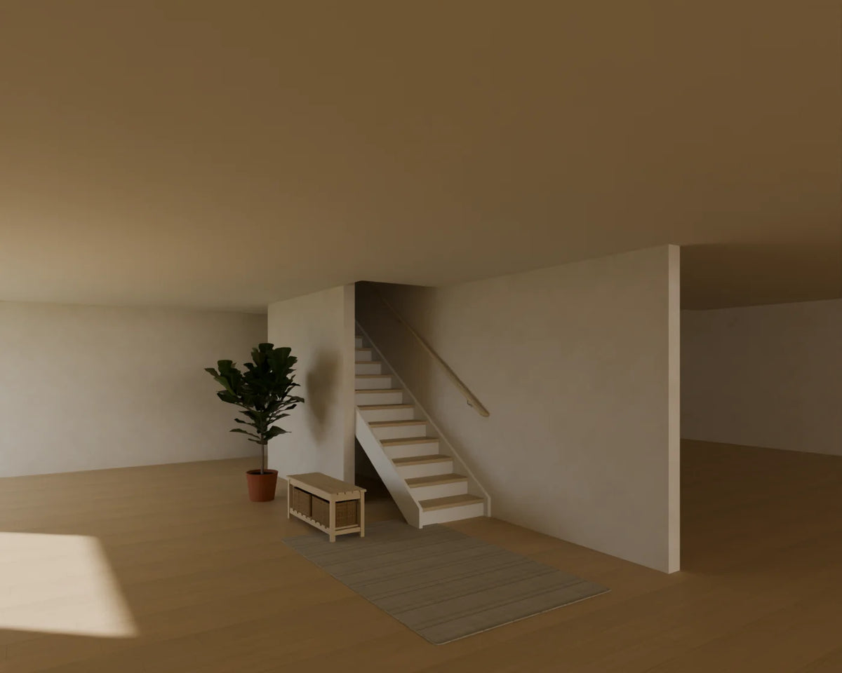 Straight Oak Staircase styled in a Linden House room with the hallway storage bench, flatweave wool rug and fiddle-leaf fig in planter (sold separately)