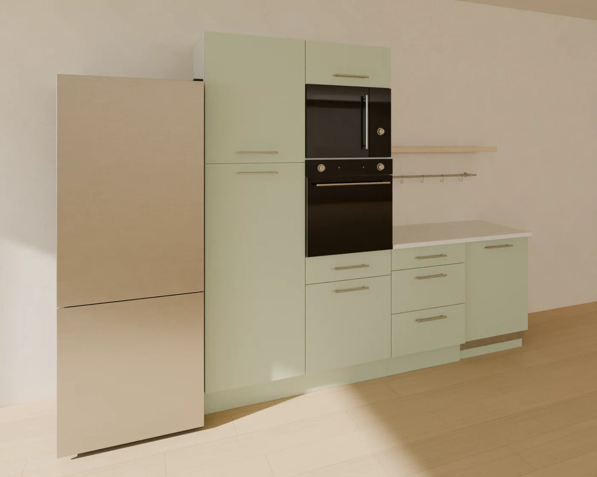 Tall Oven Tower styled in a Linden House room with the freestanding fridge-freezer, tall larder cabinet, base drawer cabinet, integrated dishwasher, worktop run and open kitchen shelf (sold separately)