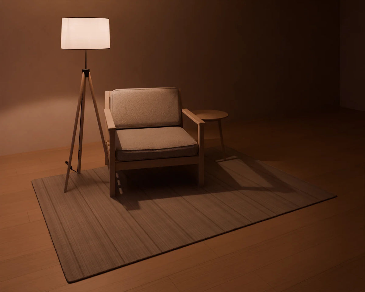 Tripod Floor Lamp styled in a Linden House room with the lounge armchair, round side table and flatweave wool rug (sold separately)