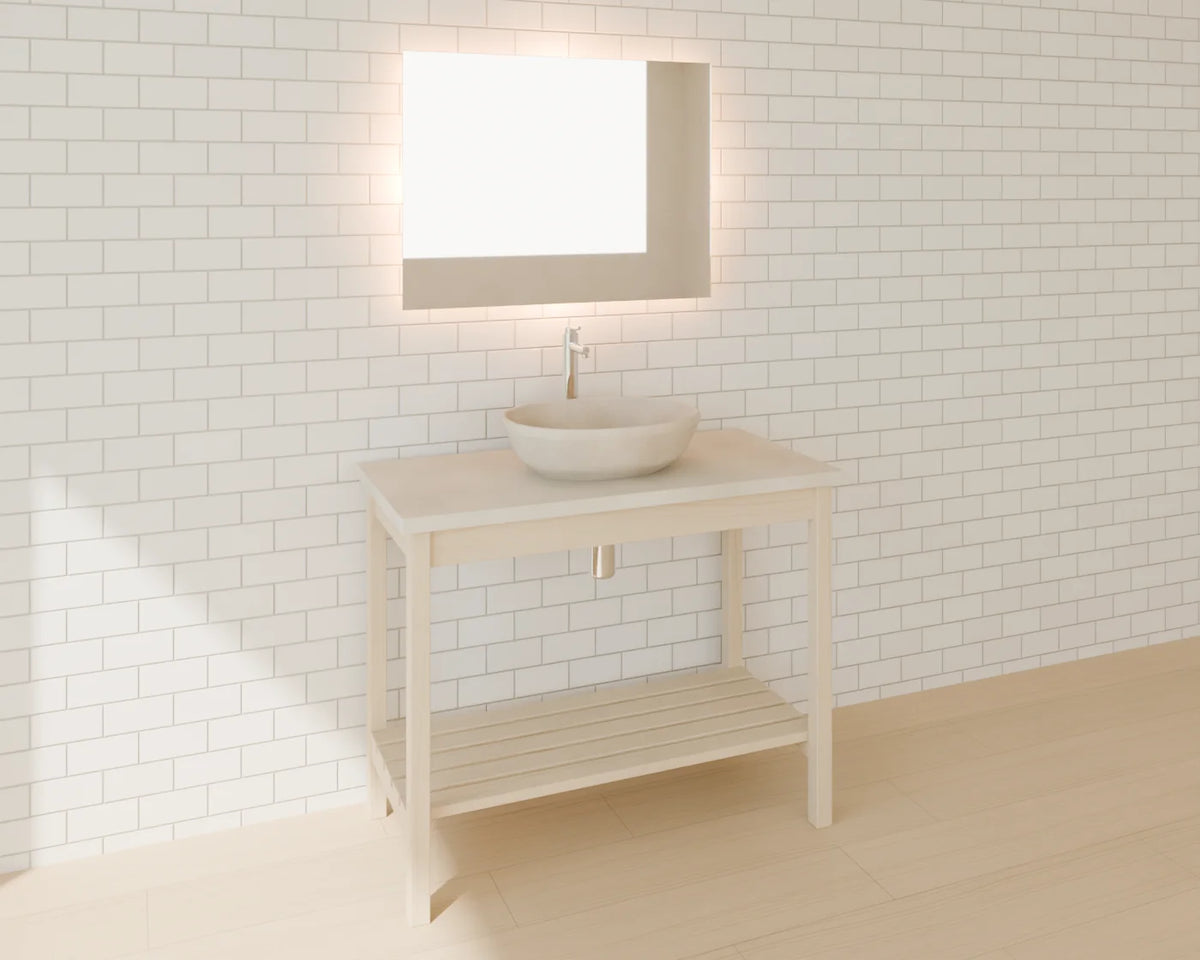 Countertop Vessel Basin styled in a Linden House room with the oak washstand, basin mixer tap and illuminated bathroom mirror (sold separately)