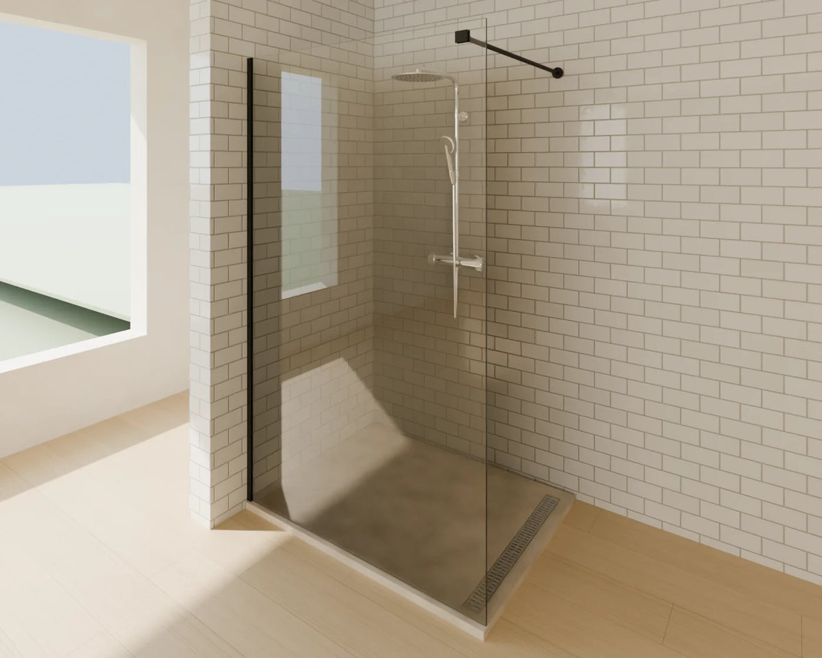 Walk-in Shower Screen styled in a Linden House room with the low-profile shower tray and thermostatic shower set (sold separately)