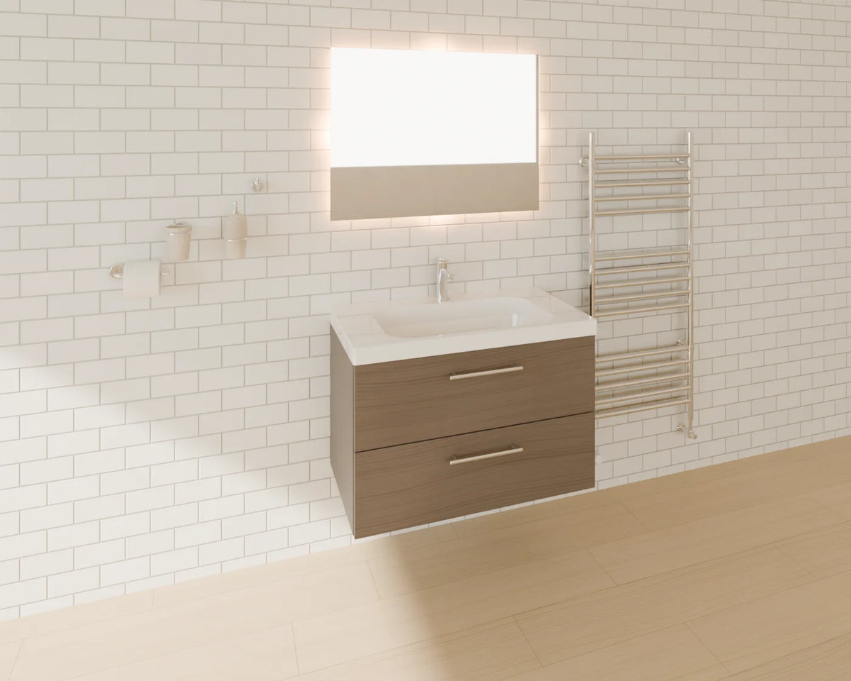 Wall-Hung Vanity Unit styled in a Linden House room with the basin mixer tap, illuminated bathroom mirror, heated towel rail and bathroom accessories set (sold separately)