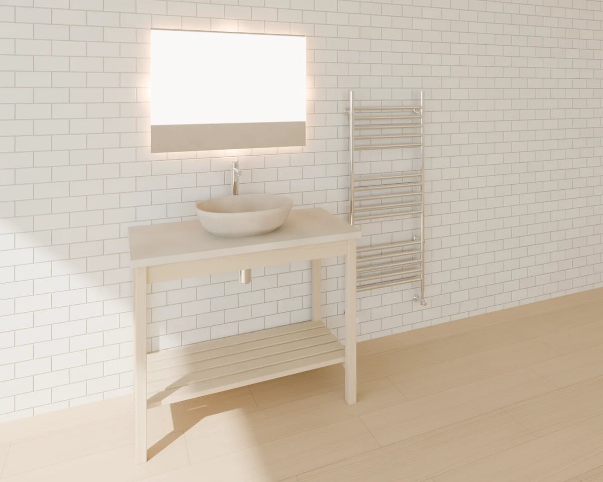 Oak Washstand styled in a Linden House room with the countertop vessel basin, basin mixer tap, illuminated bathroom mirror and heated towel rail (sold separately)