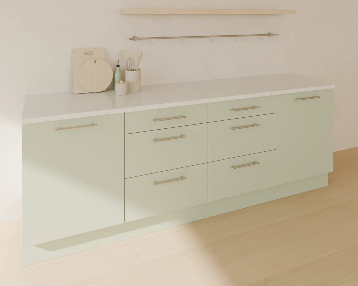 Worktop Run styled in a Linden House room with the base door cabinet, base drawer cabinet, kitchen counter accessories and open kitchen shelf (sold separately)