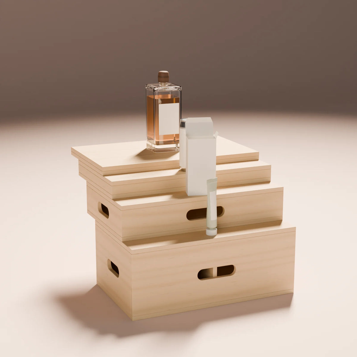 Apple Box styled in a Still Studio set with the spirits bottle, squeeze tube, folding carton and slim can (sold separately)