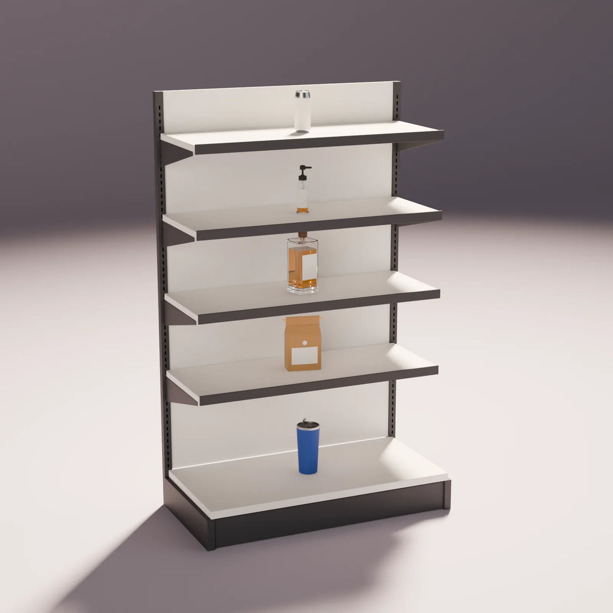 Retail Gondola Shelf styled in a Still Studio set with the insulated tumbler, coffee bag, spirits bottle, pump bottle and slim can (sold separately)