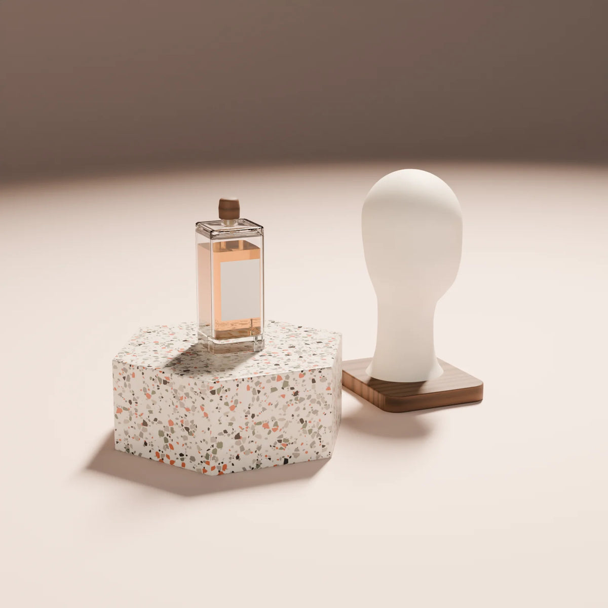 Display Head Form styled in a Still Studio set with the hex podium and spirits bottle (sold separately)