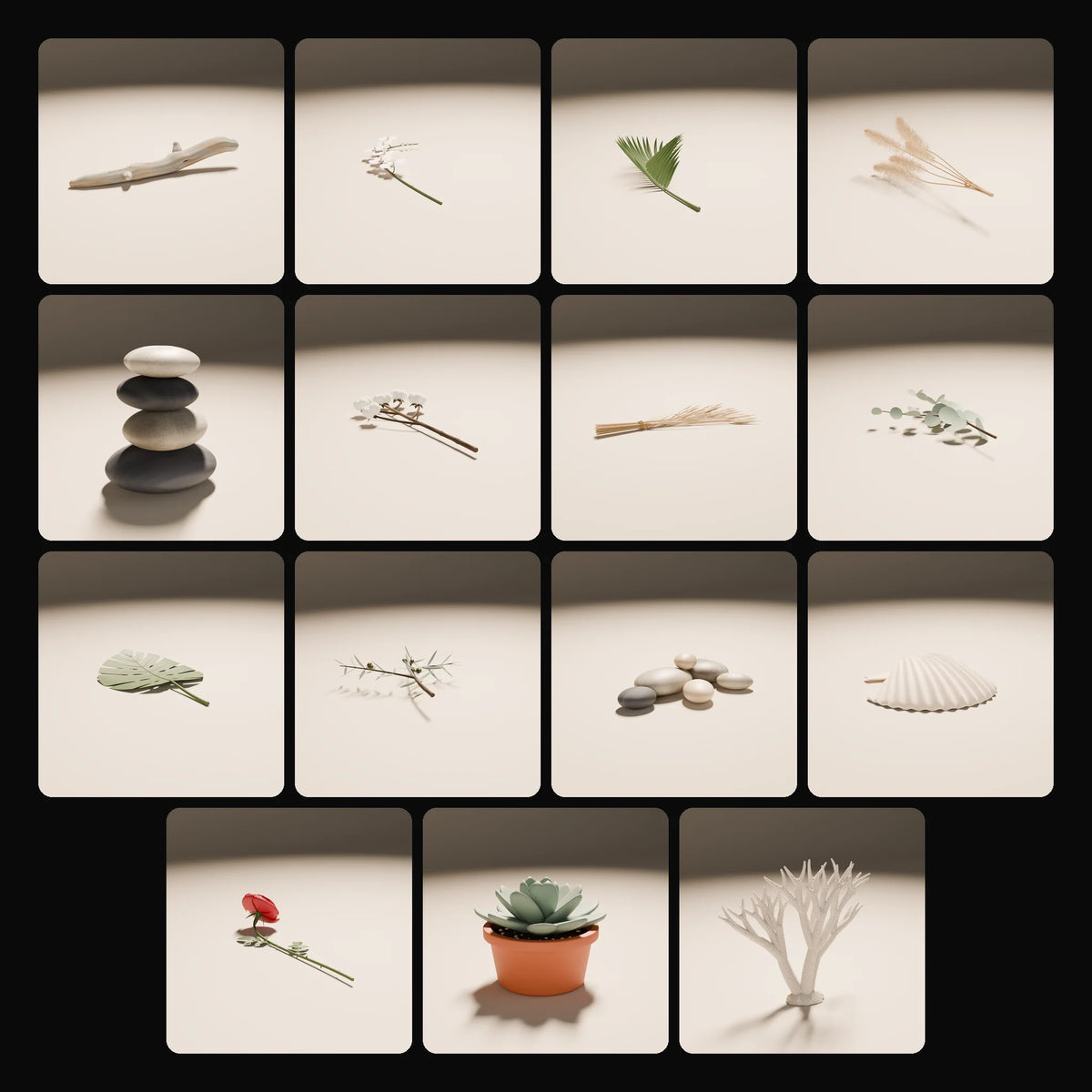 Botanicals & Natural Elements Kit: studio renders of the 15 included assets
