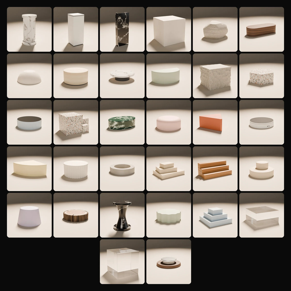 Podiums & Plinths Kit: studio renders of the 32 included assets