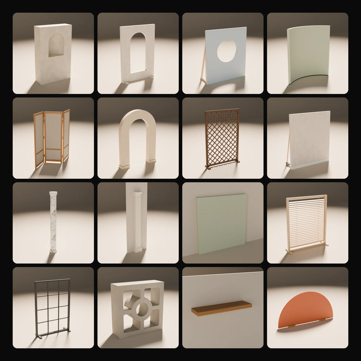 Set Architecture Kit: studio renders of the 16 included assets
