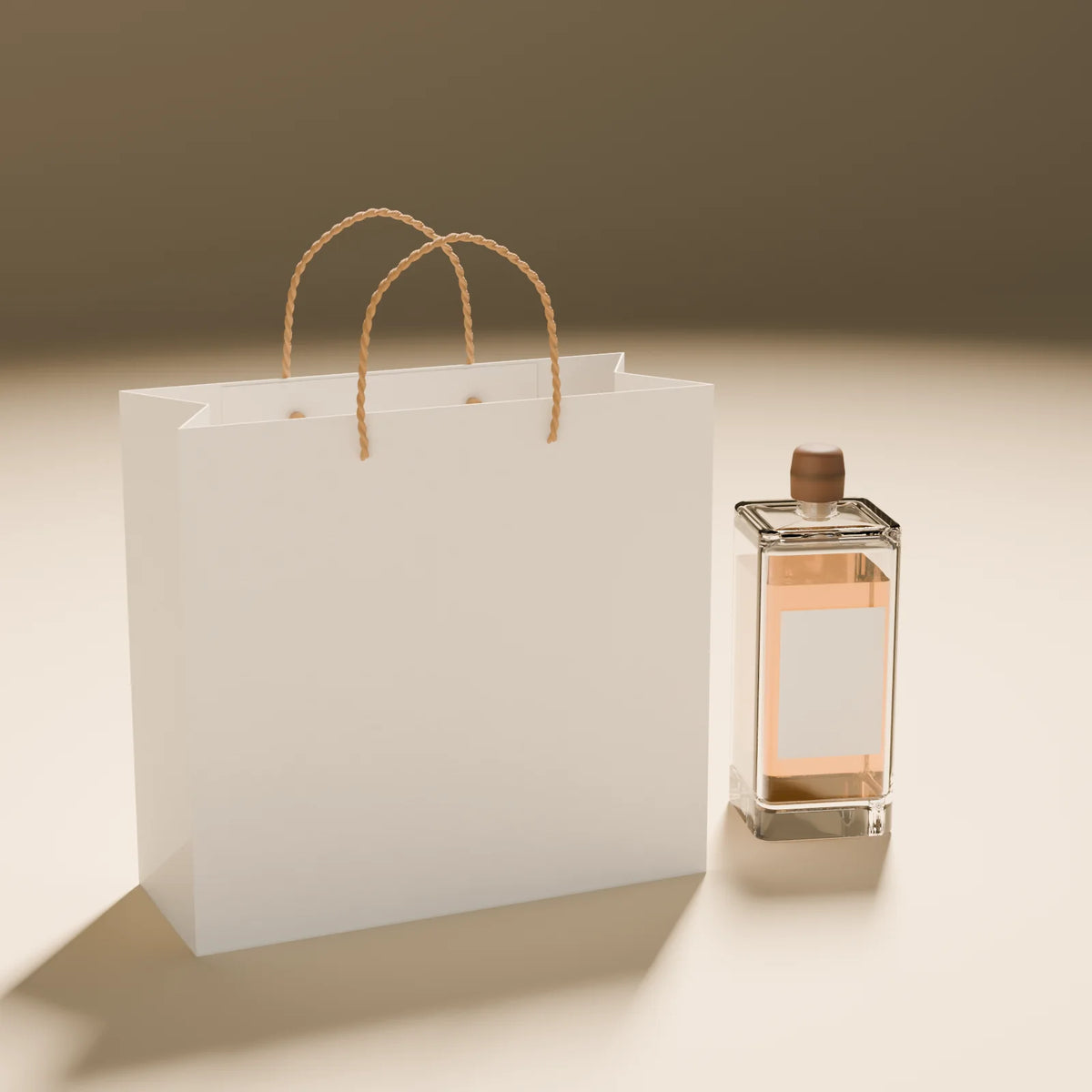 Paper Shopping Bag styled in a Still Studio set with the spirits bottle (sold separately)