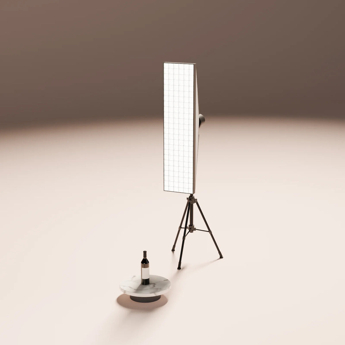 Strip Softbox styled in a Still Studio set with the floating disc podium and wine bottle (sold separately)